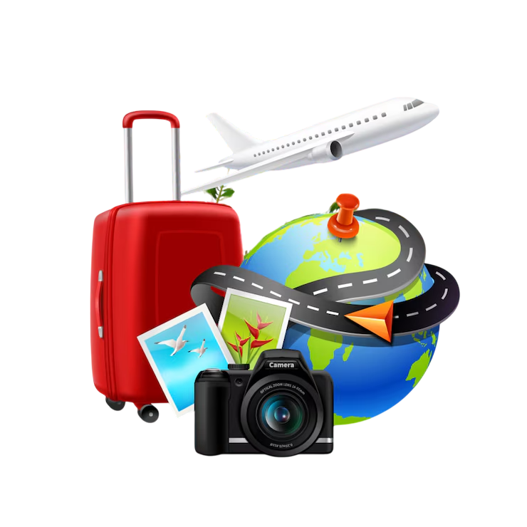 vacation holidays background with realistic globe suitcase photo camera_1284 10476 Photoroom